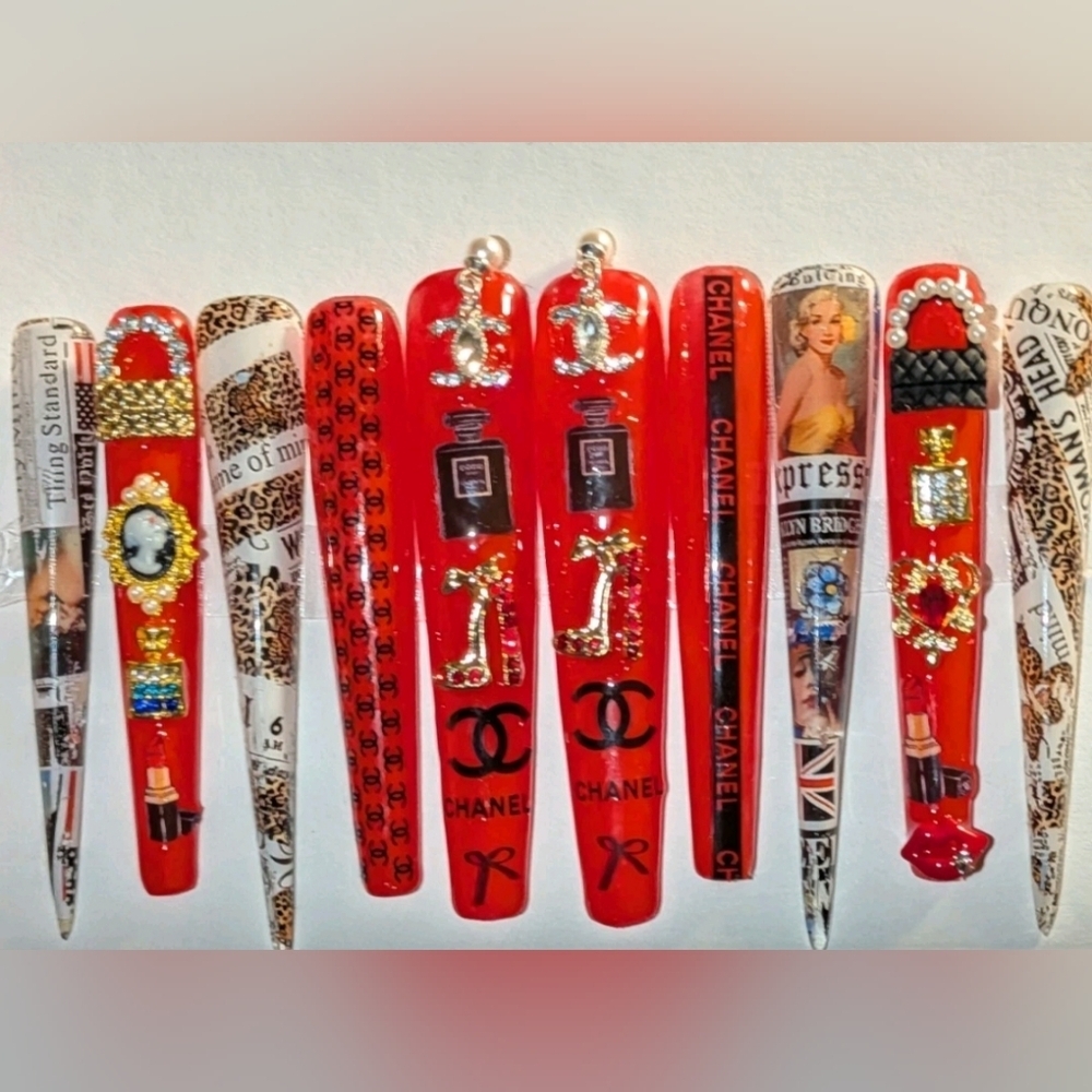 Hand Made Custom 4XL Designer Printed Red Press On Nails With Charms Sz Large